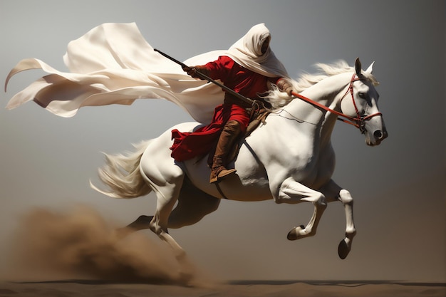 uma mulher muçulmana guerreira em hijab e véu a cavalo no deserto da Arábia