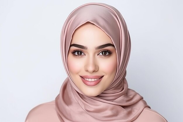 Uma mulher muçulmana modelo de maquiagem publicidade cuidado da pele pele brilhante rosto usando hijab