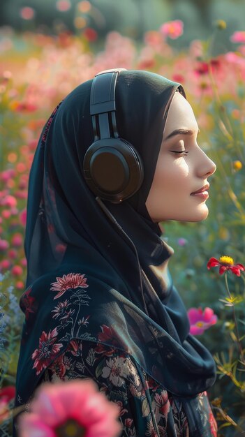 Uma mulher muçulmana usando um hijab e usando um fone de ouvido fecha os olhos para desfrutar do dia no jardim de flores uma mistura harmoniosa de naturezas beleza e melodias conmovedoras