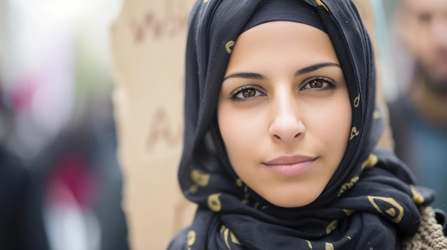 Uma mulher muçulmana usando um hijab segurando um sinal que diz que as mulheres muçulmanas também merecem direitos iguais