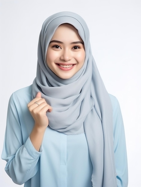 uma mulher muçulmana vestindo uma camisa azul