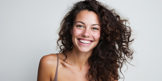 Uma mulher muito bonita de 30 anos com um sorriso gentil contra um fundo branco Charme natural e beleza interior AI Generativa AI