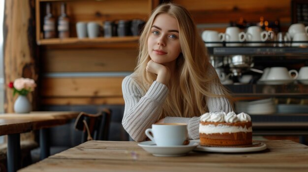 Foto uma mulher muito bonita sentada sozinha no café.