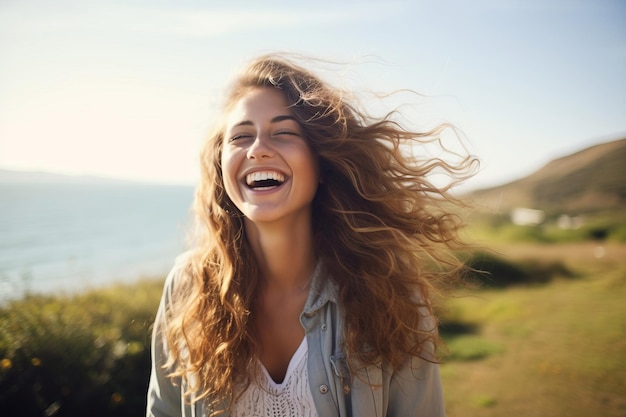 Uma mulher muito feliz ao ar livre