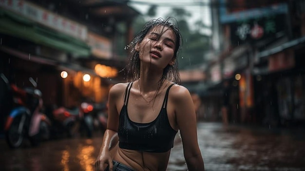 Uma mulher na chuva está parada na chuva