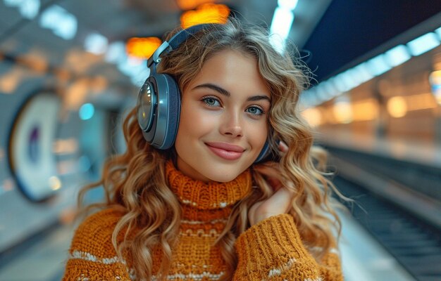 Uma mulher na estação de trem está ouvindo fones de ouvido xA