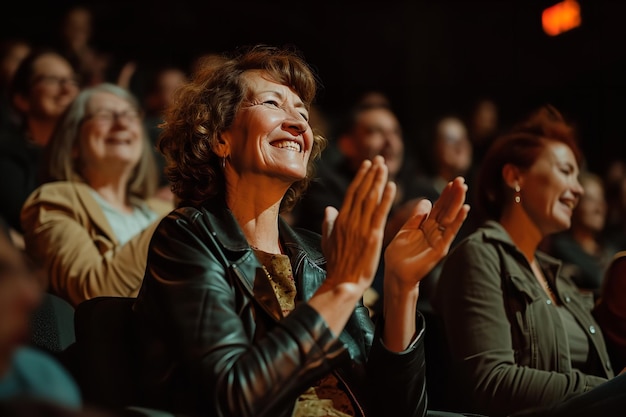 Foto uma mulher na multidão do teatro está batendo palmas, aplaudindo e se divertindo.