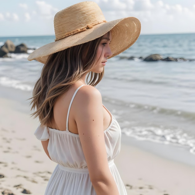 Uma mulher na praia vestida de moda com um chapéu de palha