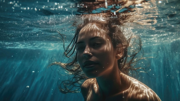 Uma mulher nadando debaixo d'água com o cabelo puxado para trás e os olhos fechados.