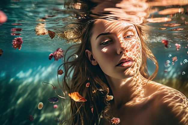 Uma mulher nadando na água com o cabelo debaixo d'água Generative Ai