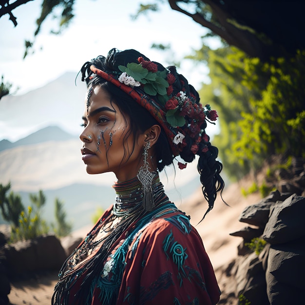 Uma mulher nativa americana retratada com a montanha como um símbolo de sua conexão com a natureza
