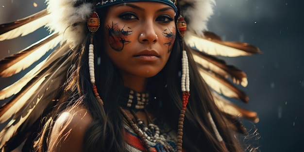 Uma mulher nativa americana séria com um olhar profundo que reflete a sabedoria e o orgulho de seu povo AI Generative AI