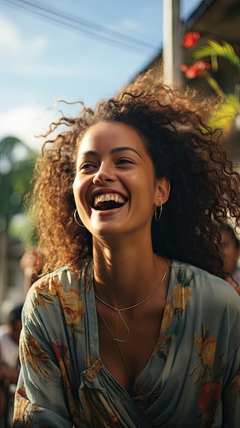 Foto uma mulher negra africana estilo caribenho exibindo um sorriso caloroso no rosto