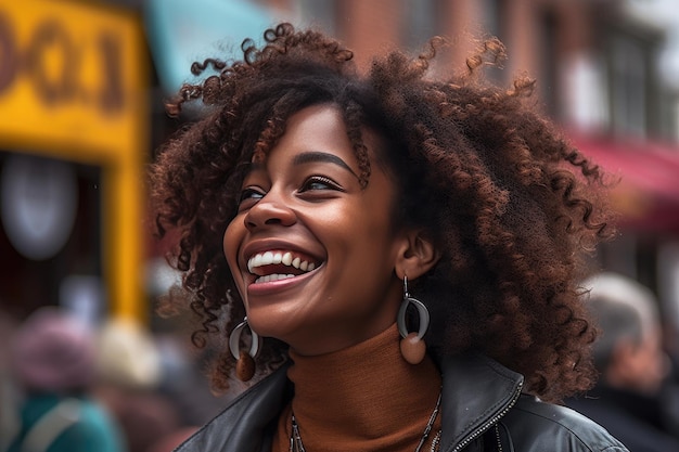 Uma mulher negra alegre na rua Generative ai