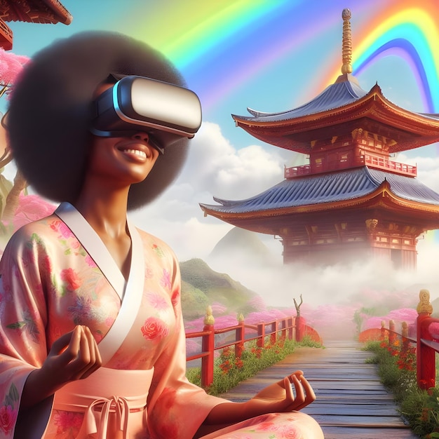 Foto uma mulher negra feliz usando um fone de ouvido vr em um shangrila com uma arte digital de arco-íris