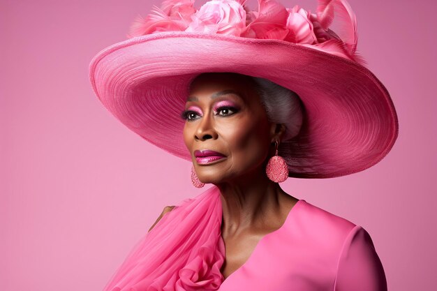 uma mulher negra mais velha com maquiagem rosa uma camisa rosa e um chapéu