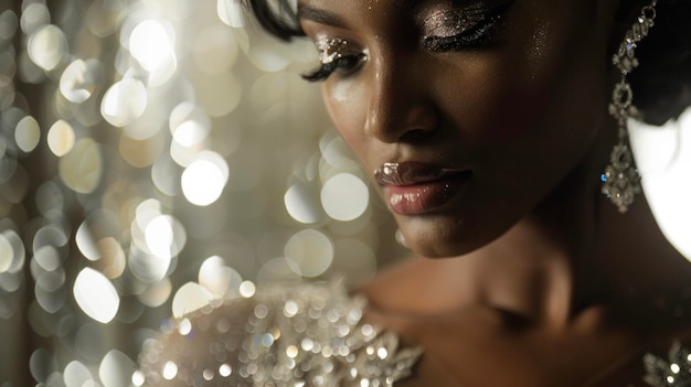 Foto uma mulher negra real em um vestido fluido capturado em uma foto em close-up que se concentra no brilhante