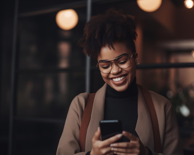 Uma mulher negra sorri para a câmera enquanto usa seu telefone