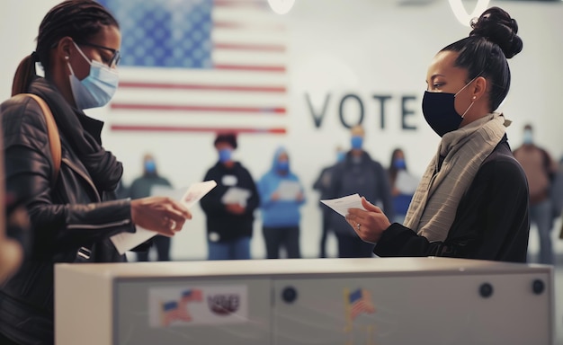 Uma mulher negra usando uma máscara de rosto está segurando um cartaz que diz votar Ela parece estar participando do processo de votação nos EUA