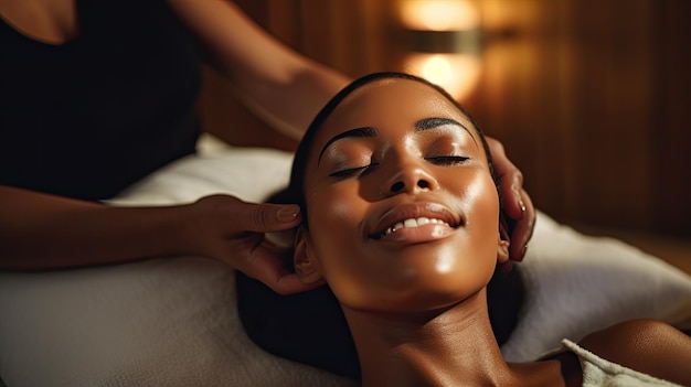 Uma mulher negra usando uma máscara facial desfrutando de um tratamento de spa como parte de sua rotina de cuidados com a pele