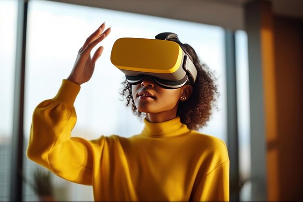 Uma mulher negra usando VR para compras on-line navegando em itens de roupas elegantes eCommerce eShopping eStore produtos Shopping conceito on-line