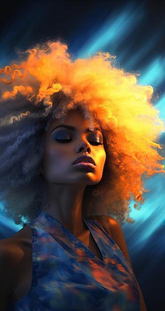 Uma mulher negra vibrante com um penteado afro vibrantes luzes de cor laranja teal