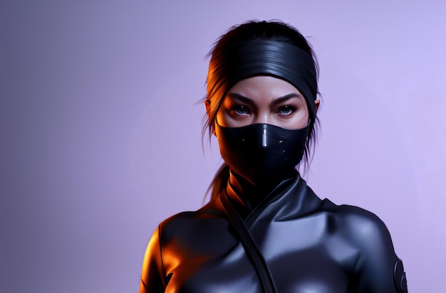 Uma mulher ninja com uma máscara preta no rosto cobrindo o rosto Generative AI