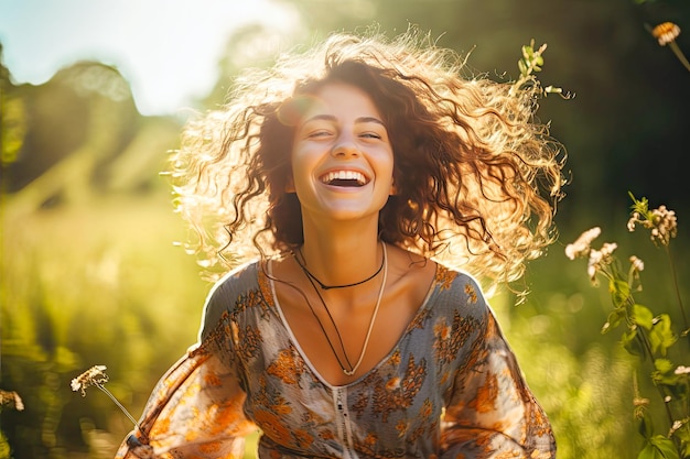 Foto uma mulher no campo alegria em cada movimento como um modo de vida enérgico