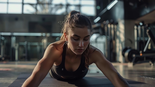 Foto uma mulher no meio de uma sessão de treino no ginásio seu corpo baixou para o chão