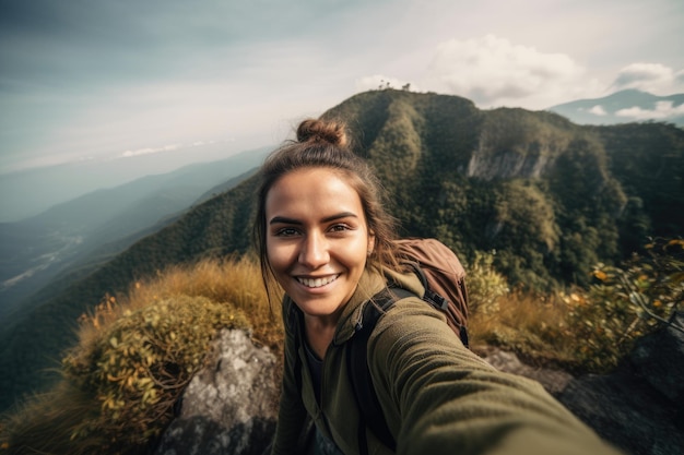 Uma mulher no topo de uma montanha tira um autorretrato