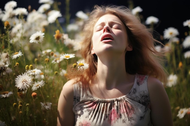 uma mulher num campo de flores com os olhos fechados