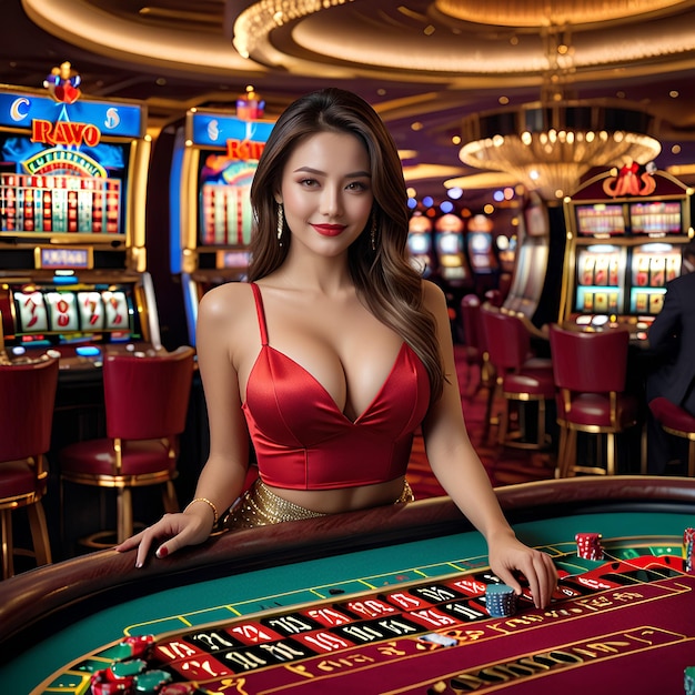 uma mulher num casino com um casino ao fundo