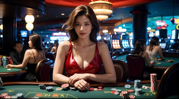 uma mulher num casino com uma mesa de póquer na frente dela