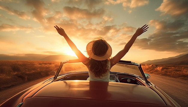 Foto uma mulher num descapotable com os braços estendidos a desfrutar do pôr-do-sol.