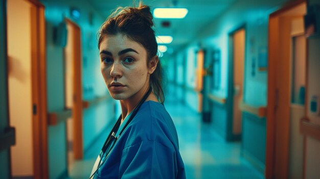 uma mulher num hospital com um uniforme azul