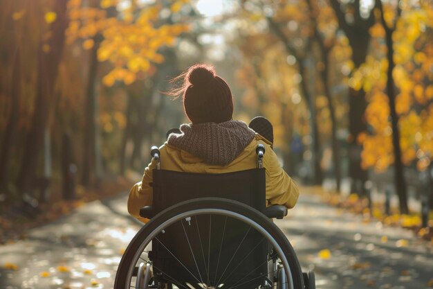 Foto uma mulher numa cadeira de rodas com as costas para a câmara