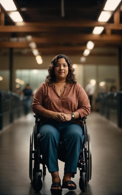 Uma mulher numa cadeira de rodas está sentada num corredor com outras pessoas ao fundo.