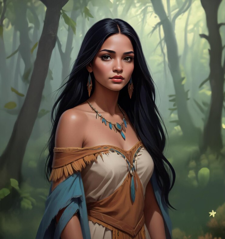 Foto uma mulher numa floresta com um colar azul e dourado
