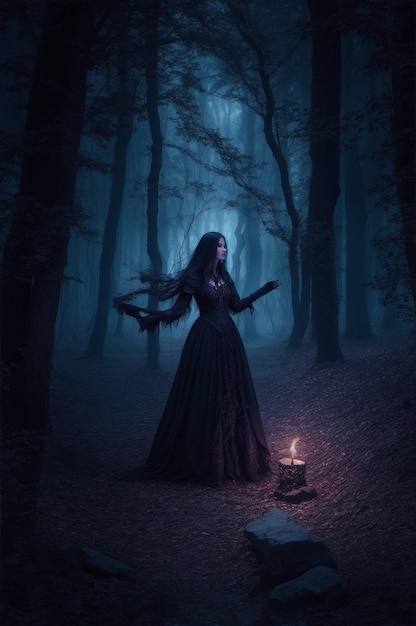 Uma mulher numa floresta escura com uma lanterna no escuro.
