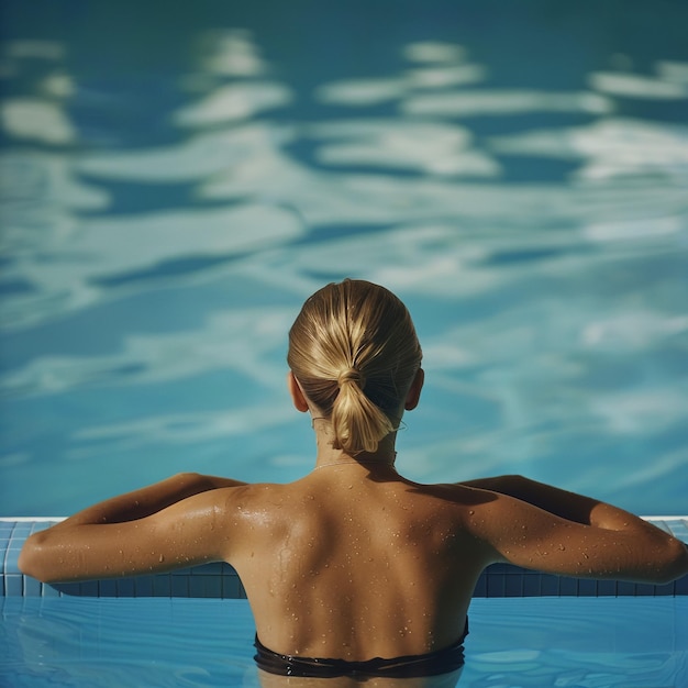 Foto uma mulher numa piscina com as palavras 