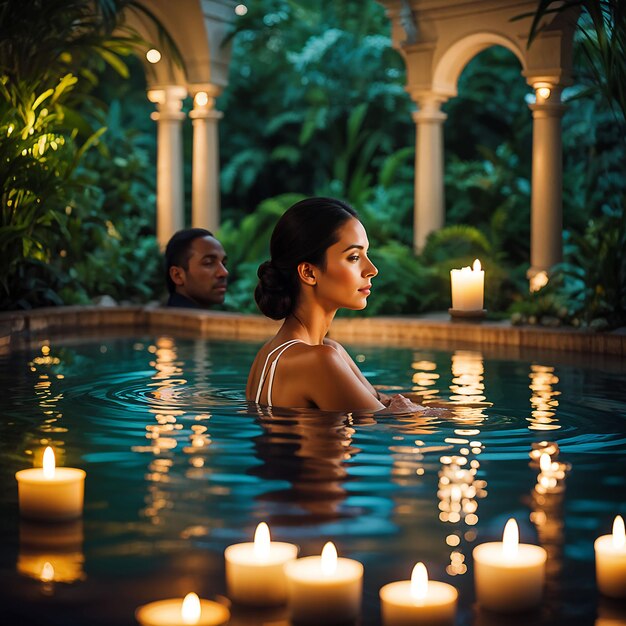 uma mulher numa piscina com velas na água e um homem ao fundo