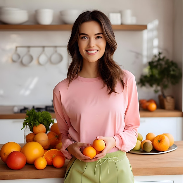 Uma mulher nutricionista na cozinha com frutas