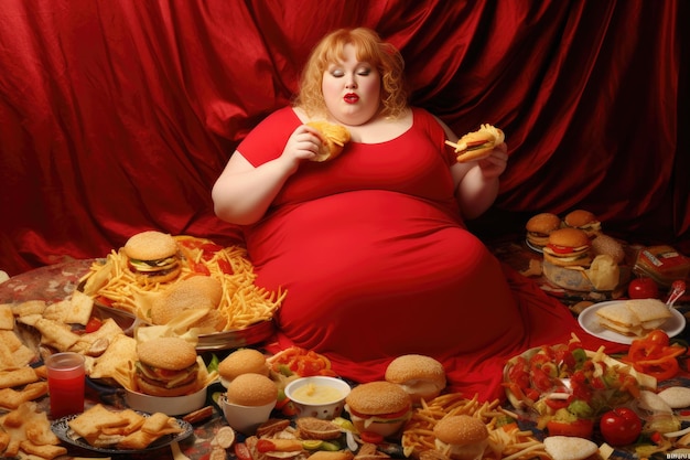 Uma mulher obesa comendo junk food Generative AI