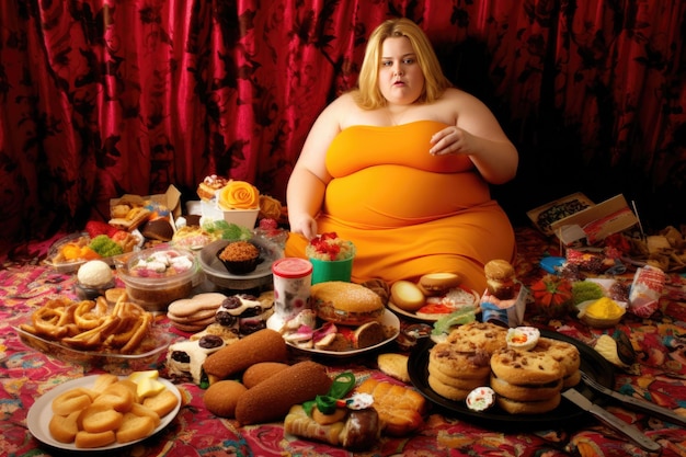 Uma mulher obesa comendo junk food Generative AI