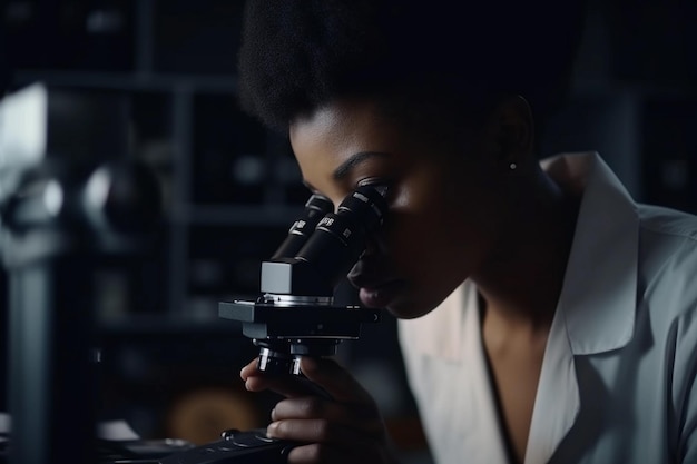 Uma mulher olha através de um microscópio em um laboratório