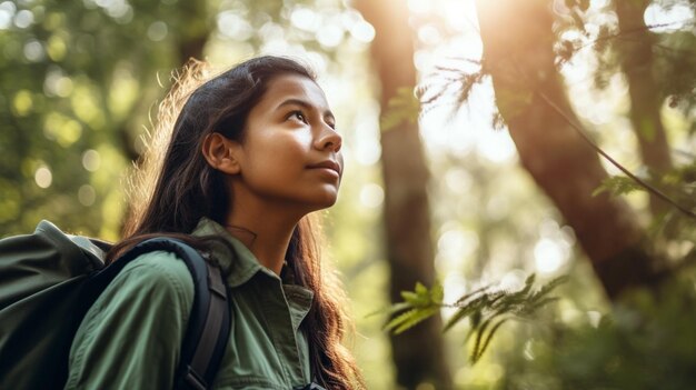 Foto uma mulher olha para o sol em uma floresta.