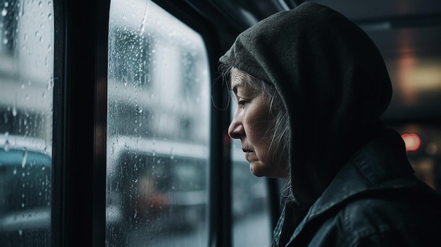 Uma mulher olha pela janela de um ônibus e olha pela janela.