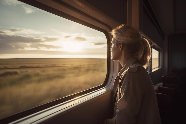 Uma mulher olha pela janela de um trem.