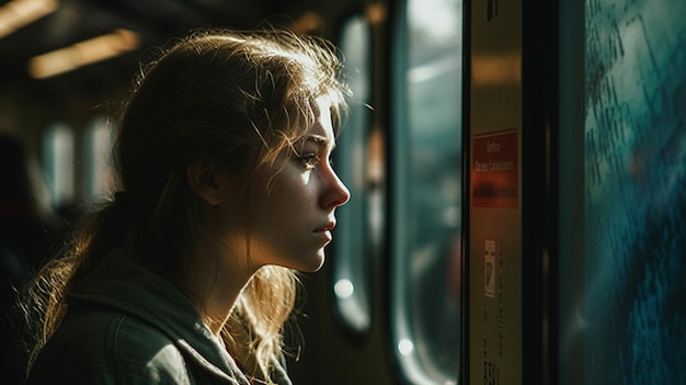 Uma mulher olha pela janela de um trem.