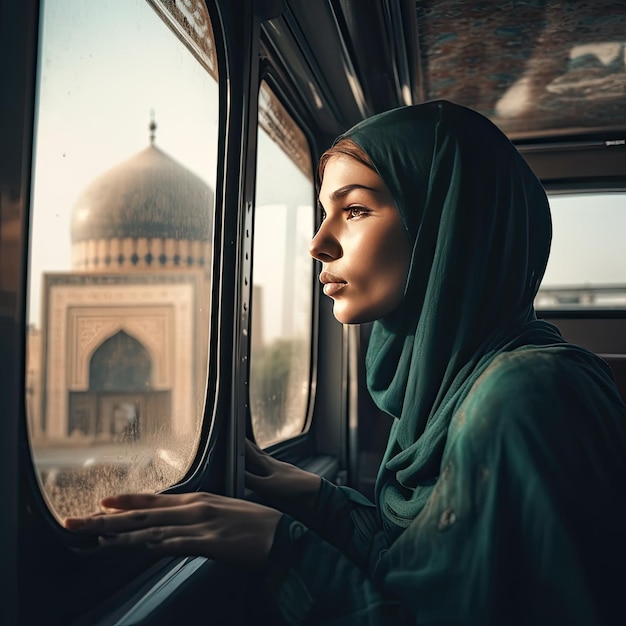 Uma mulher olha pela janela de uma mesquita.